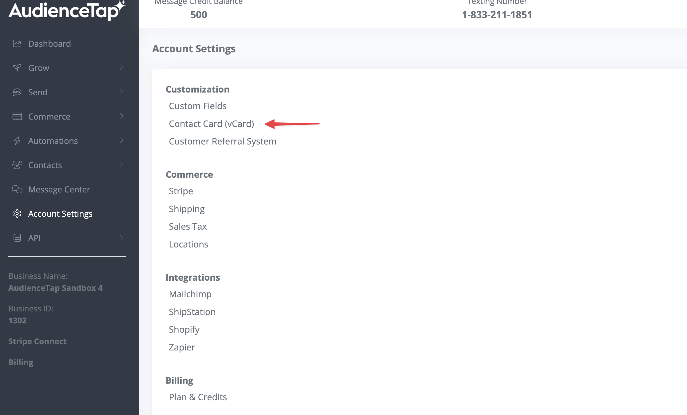 Contact card setup with store name auto-populated via merge tags