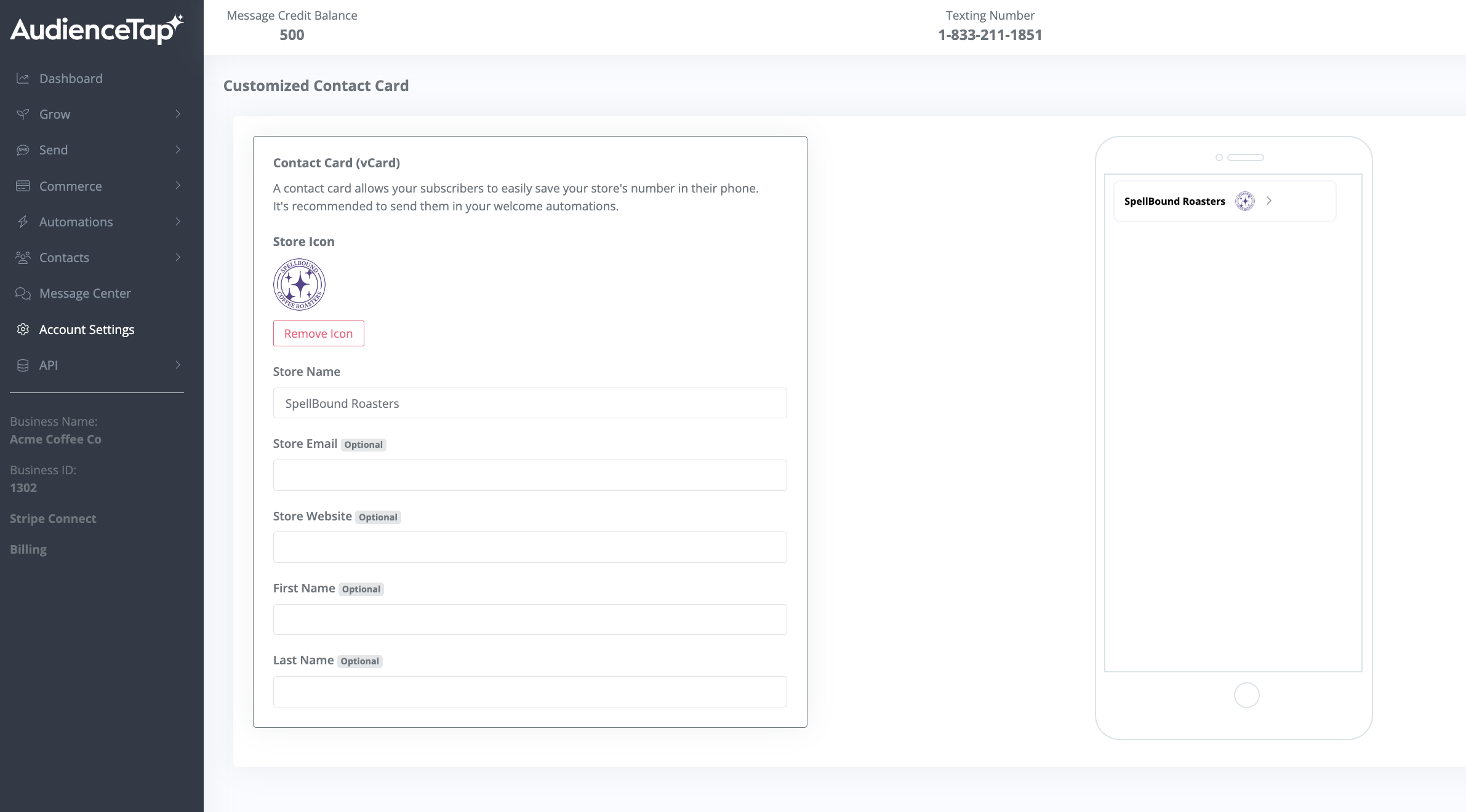 Completed contact card preview