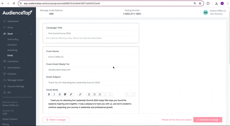 Using merge tags in email campaign editor