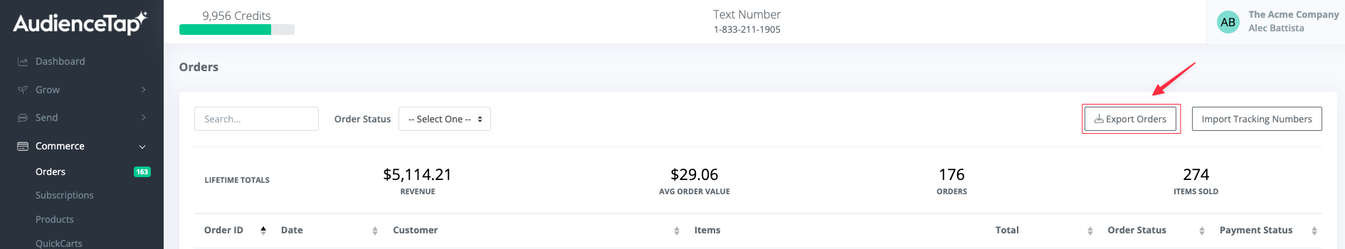 Navigating to Commerce Orders to export data