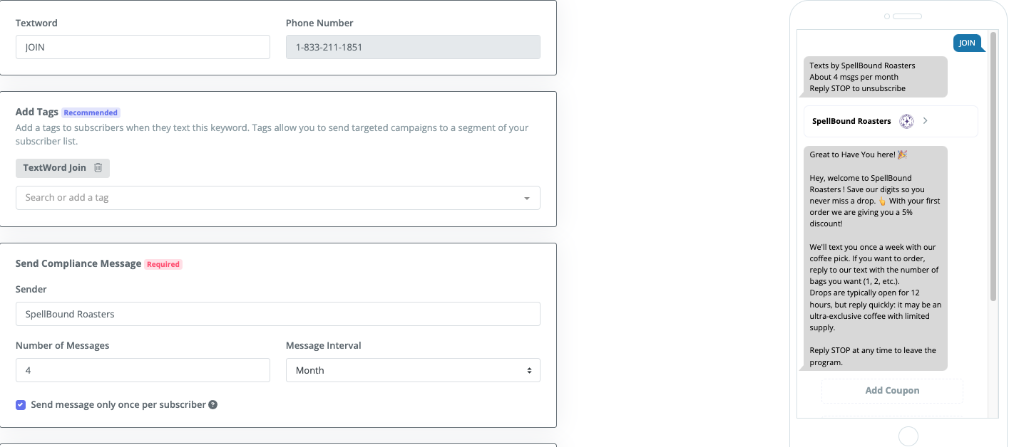 Text-to-join keyword signup flow