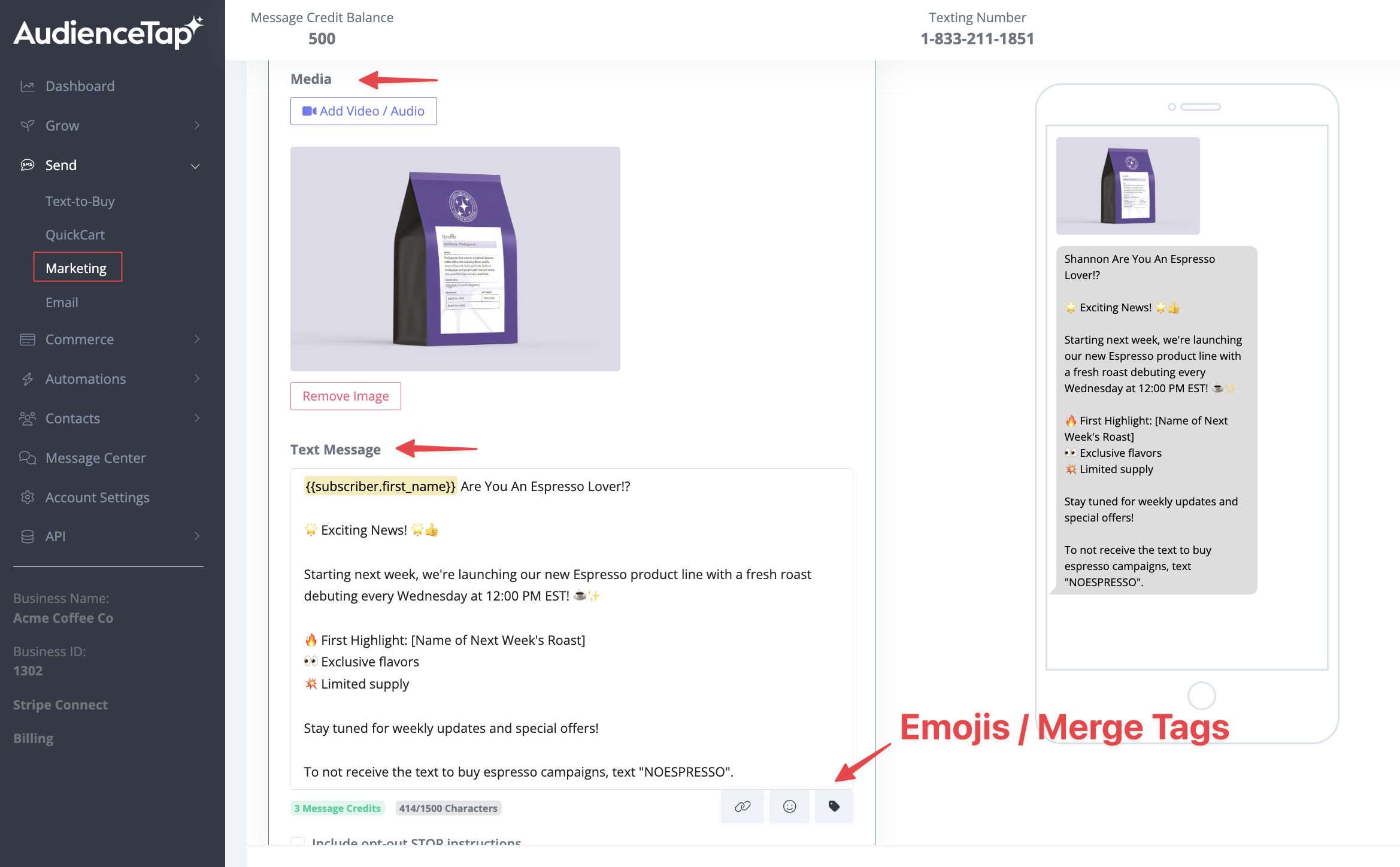 Composing a marketing campaign message with emojis