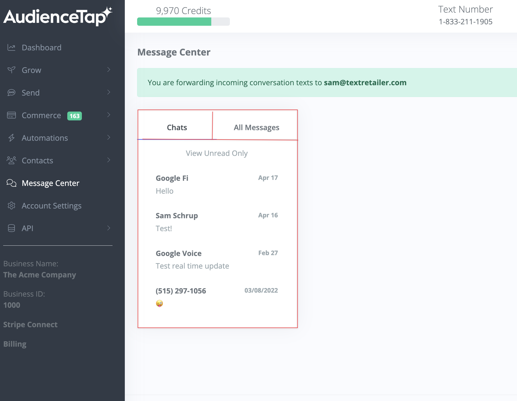 Message center showing customer conversations and notifications