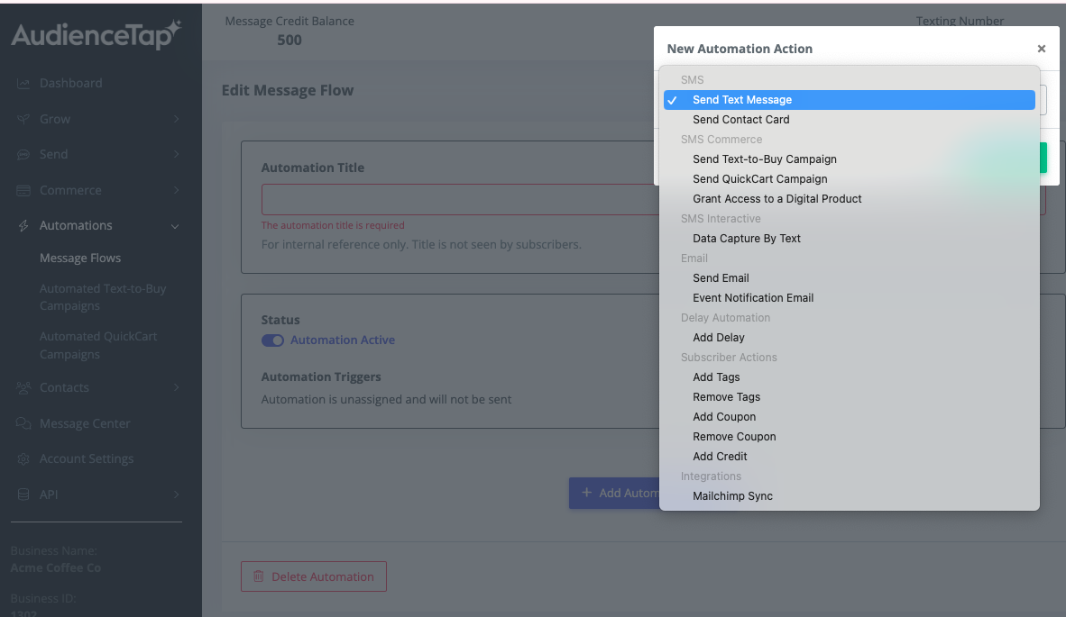 Available automation actions in a message flow