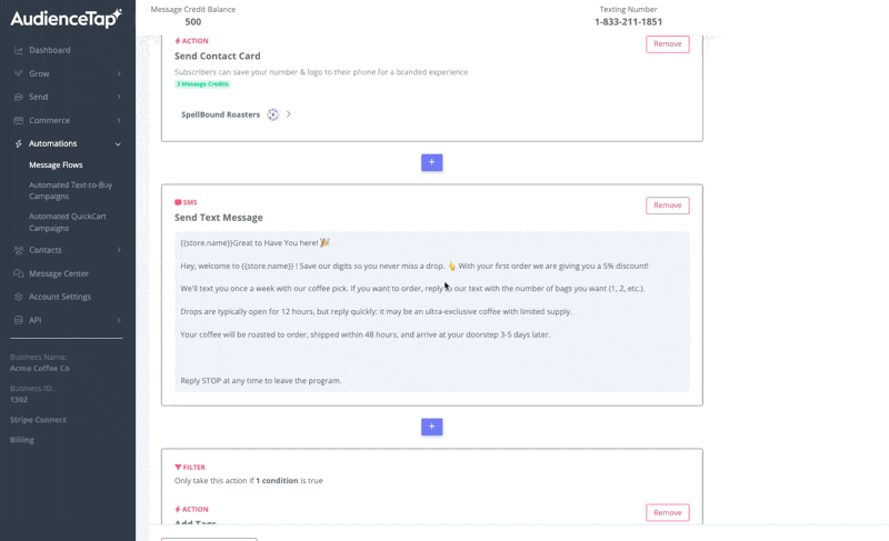Configuring message flow actions including coupons and credits
