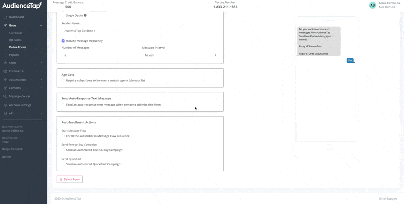 Setting up automated post-enrollment text messages