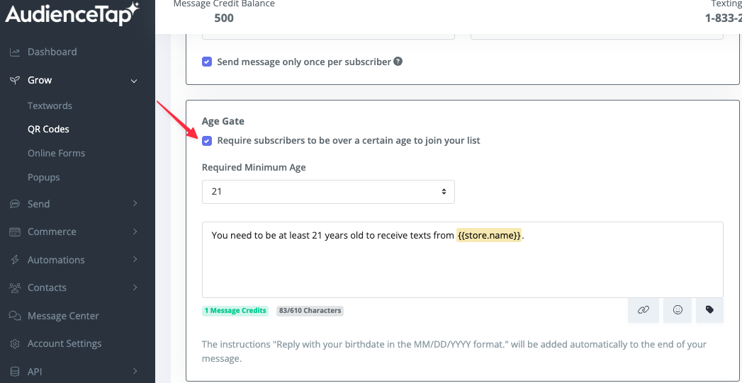 Setting minimum age requirement for QR code signups