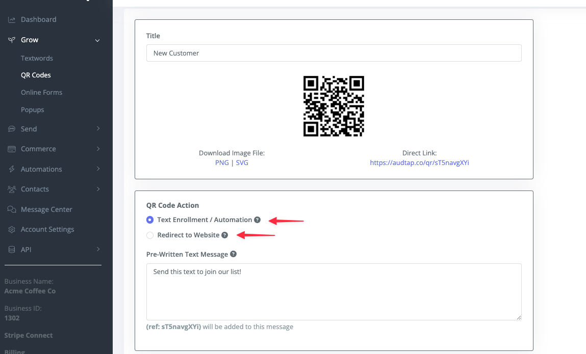 Configuring the auto-reply text when a QR code is scanned