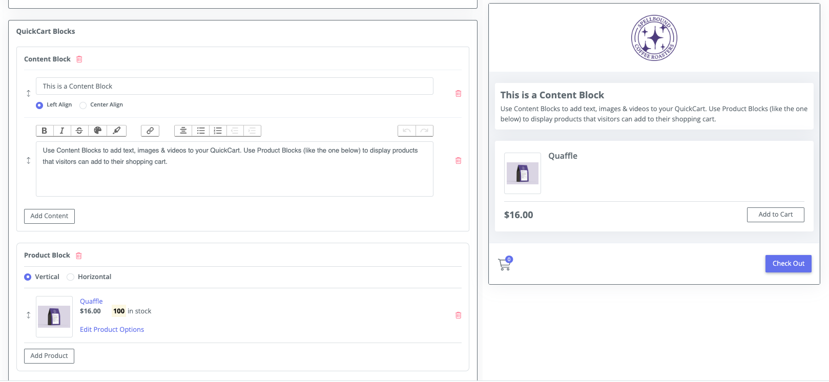 Adding content blocks to a QuickCart page