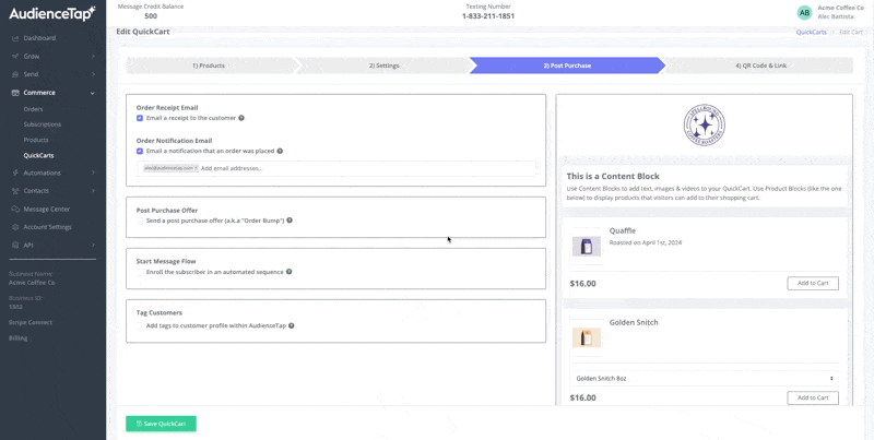 Enrolling QuickCart customers in a post-purchase message flow
