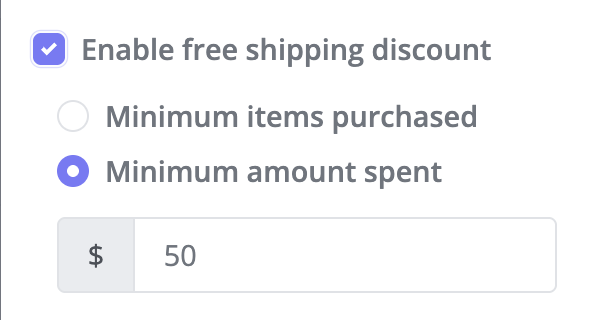 Free shipping discount enabled with Minimum amount spent set to $50