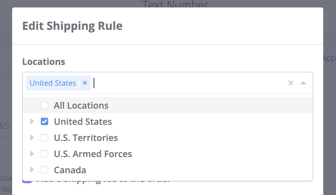 Location selector expanded showing All Locations, United States (checked), U.S. Territories, U.S. Armed Forces, and Canada