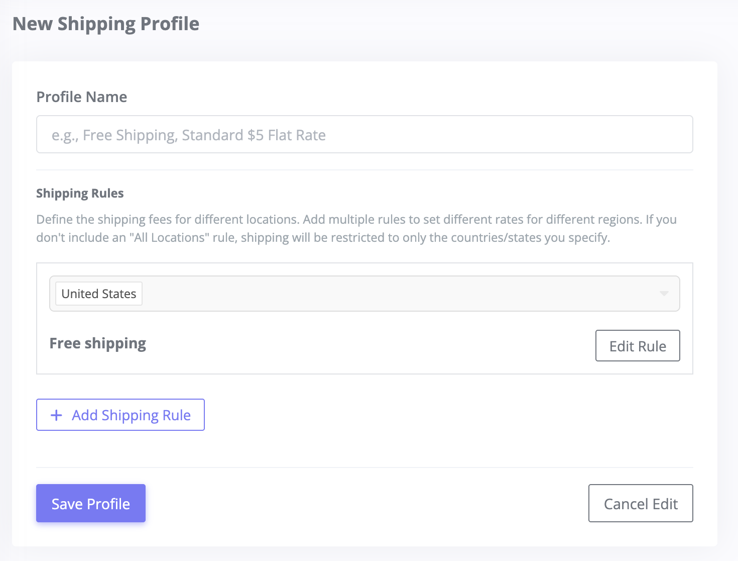 New Shipping Profile form with Profile Name field, a default US shipping rule, and the Save Profile button