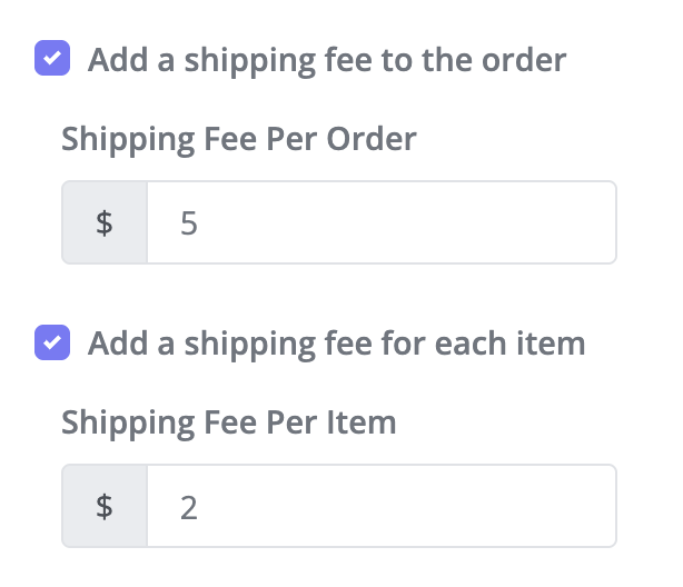 Both shipping fee options enabled — $5 per order and $2 per item
