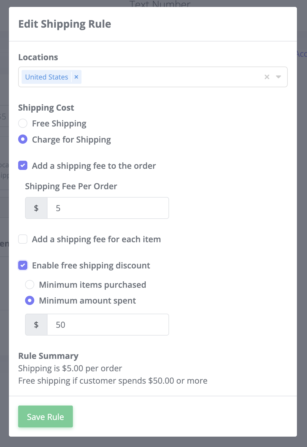 Full rule editor showing Charge for Shipping with $5 per order, free shipping discount at $50, and the Rule Summary