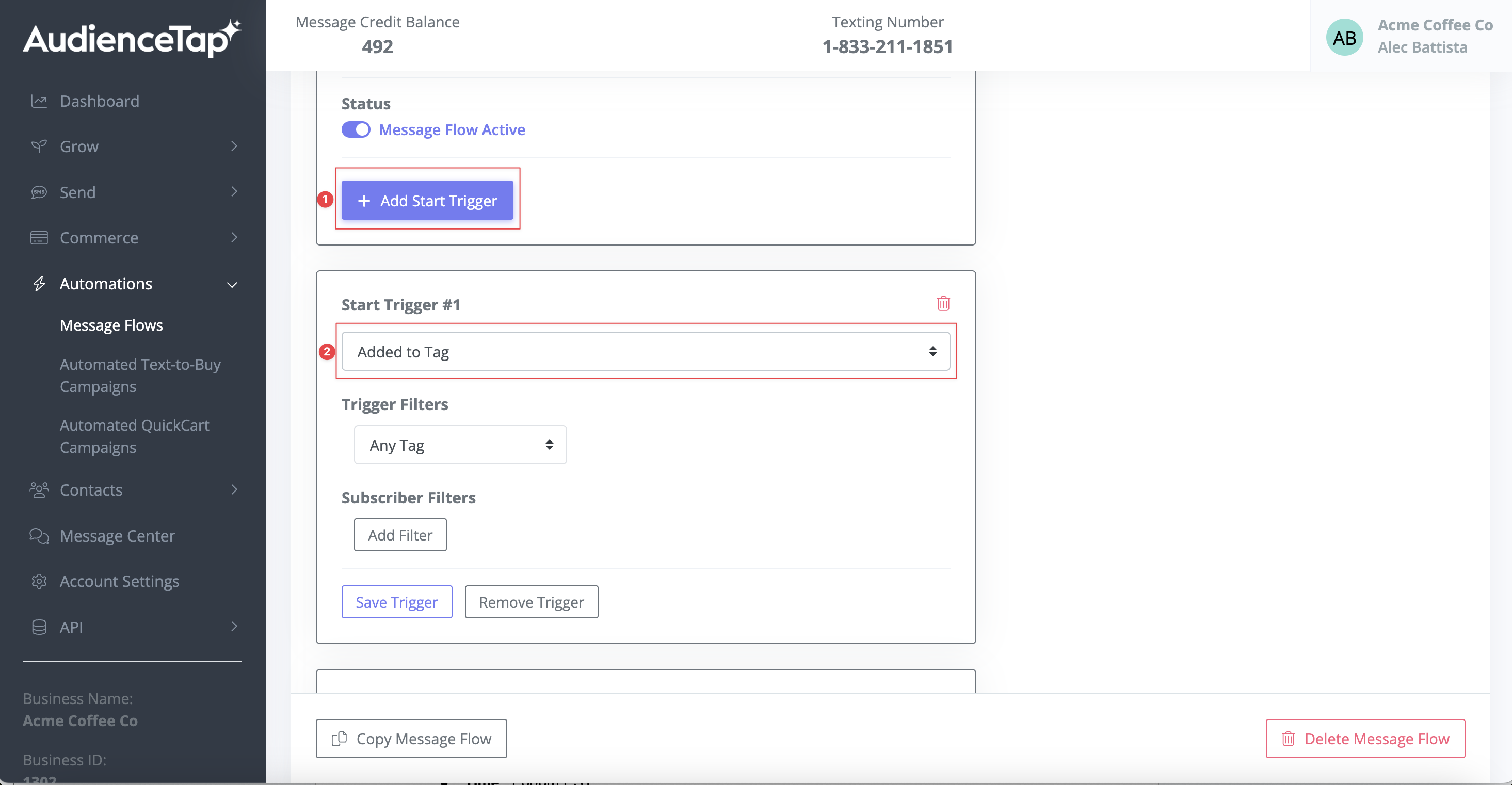 Using a tag as a start trigger for a message flow