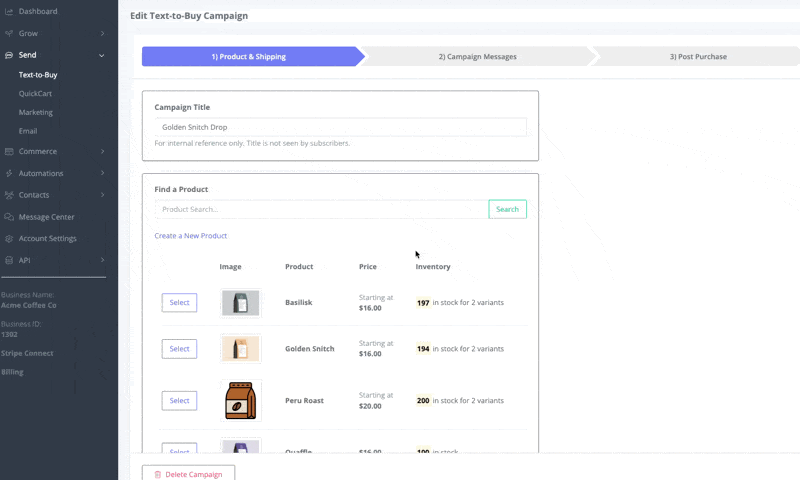 Selecting products and configuring shipping for a text-to-buy campaign