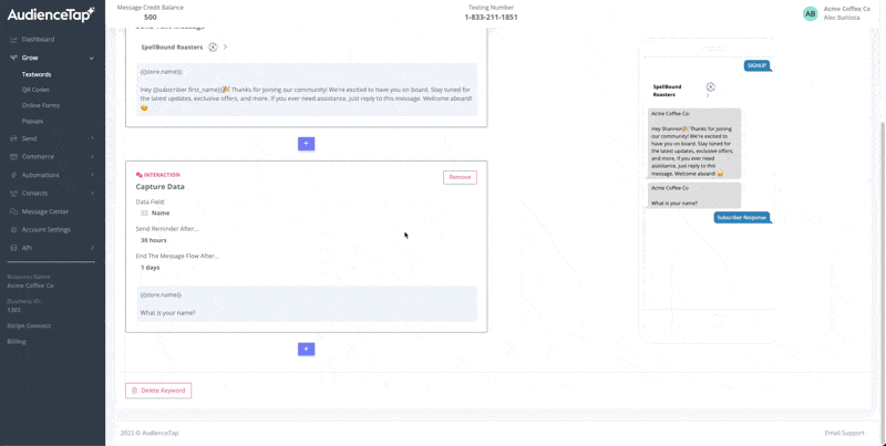 Auto text message sent when a subscriber completes opt-in