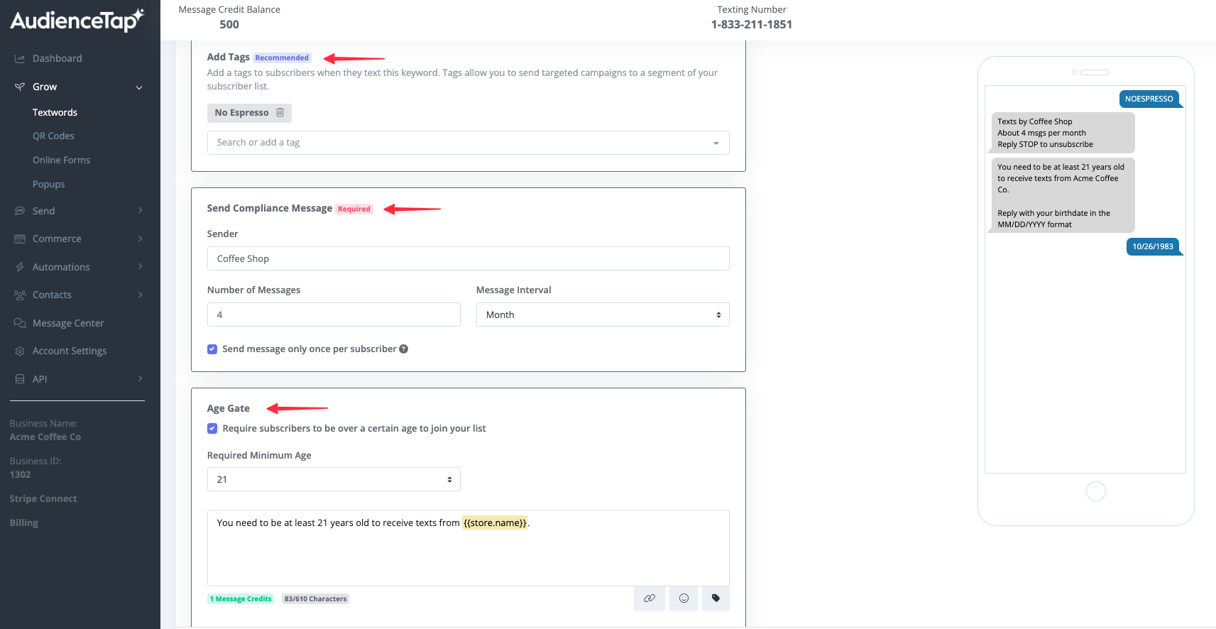Setting minimum age requirement for TextWord signups