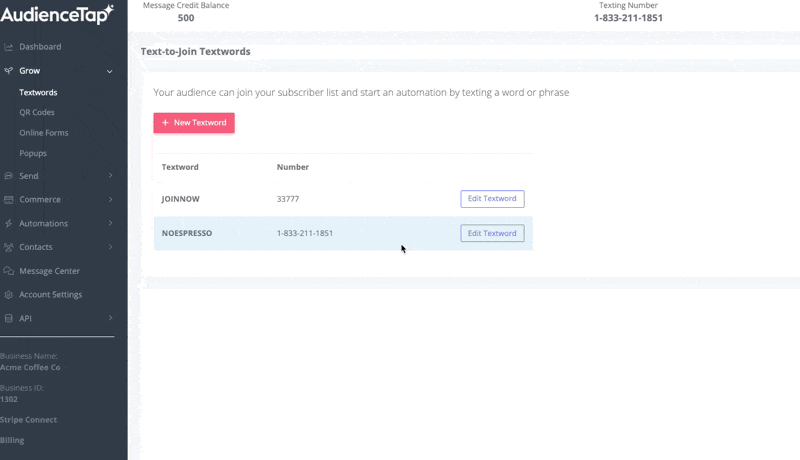 Creating a TextWord keyword on a toll-free number