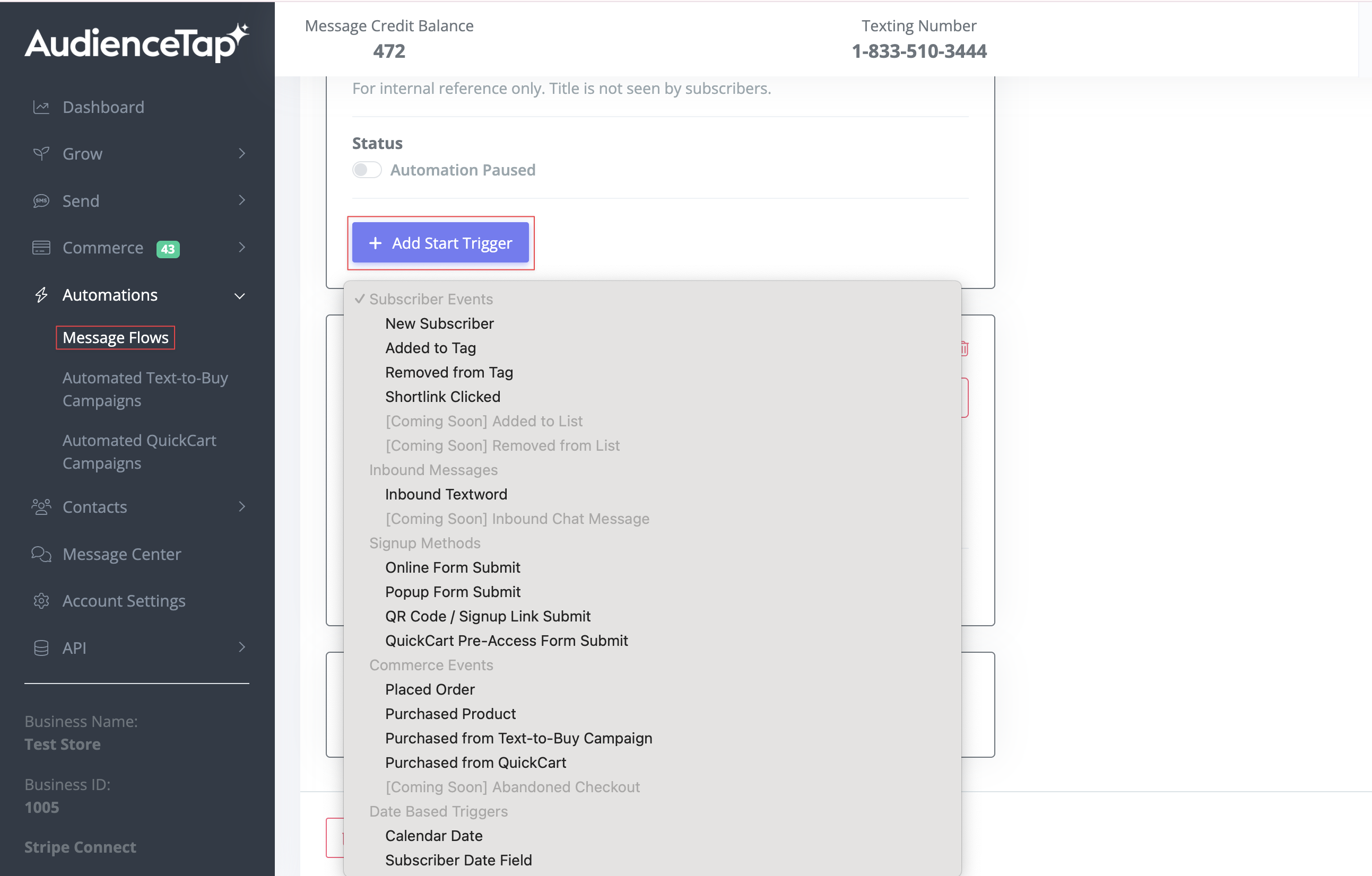 Selecting a start trigger for a new message flow