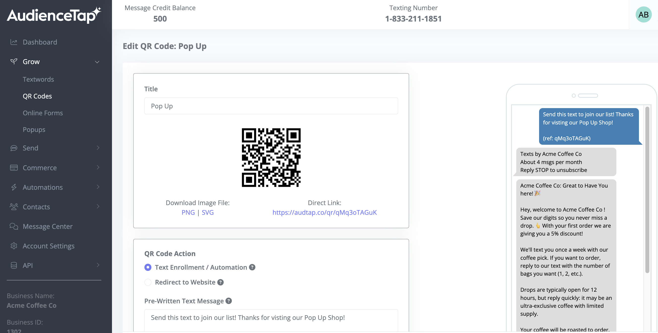 AudienceTap QR code example for SMS list growth
