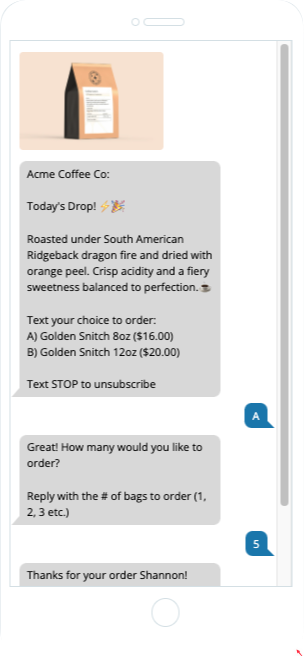 Text-to-buy campaign flow showing product selection and pricing